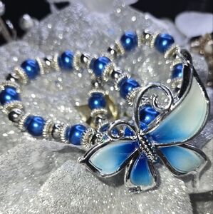 Fashion Jewelry I Butterfly Double Bracelet I Faux Blue Pearl I Expandable Band